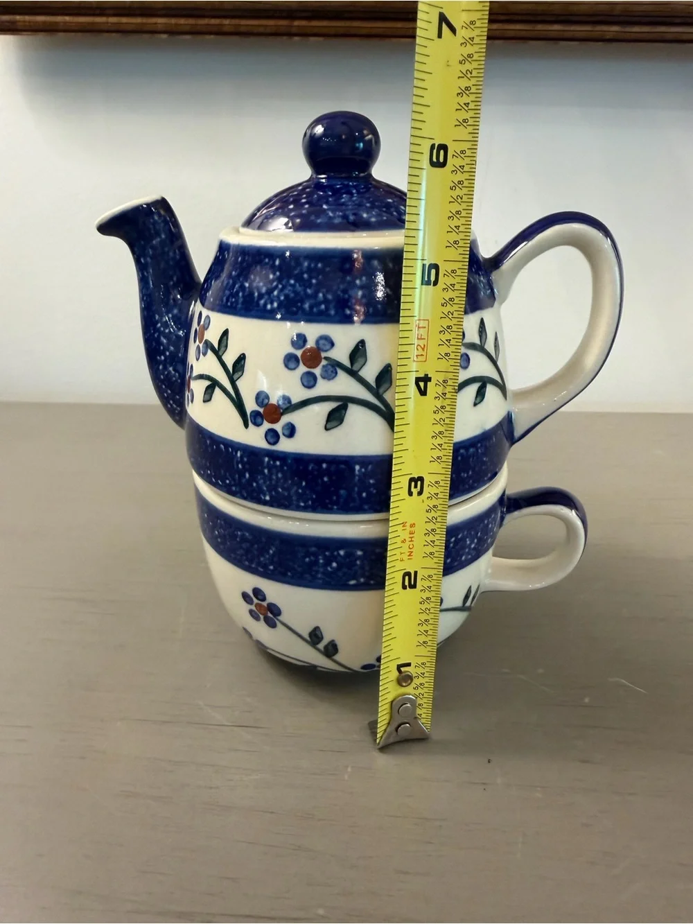 Wiza Polish Pottery Hand Made Tea For One Set Pot + Cup Stacking Blue Floral
